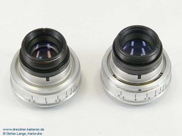 Trioplan mit altem Geh�use und Rastblende (rechts mit Blattfeder, Bohrung und Rastkerben)