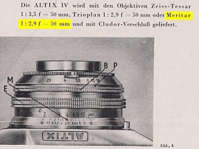 In der fr�hen Ausgabe 561-37078 K� III-9-5-252 der Bedienungsanleitung f�r die Altix IV gibt es Hinweise auf die Tiefensch�rfetabelle und und das Meritar 2,9/50.