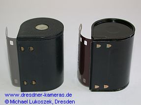 SL-Kassette (Kunststoff, links); AGFA-Karat-Patrone (Metall, rechts)