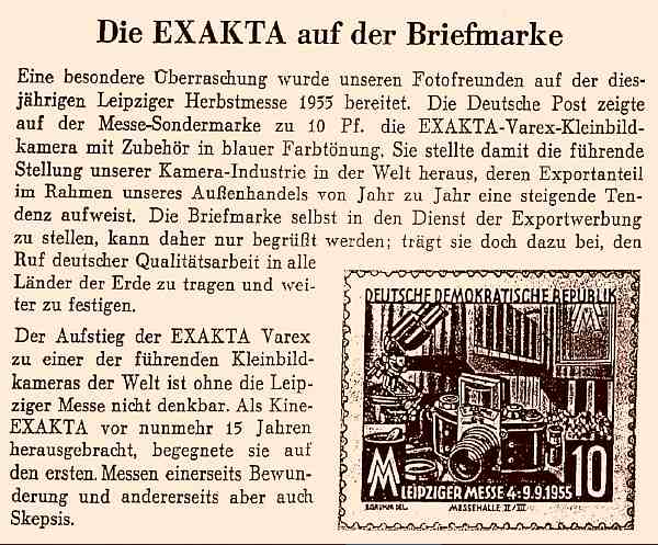 DDR-Zeitungsartikel zur Exakta-Briefmarke anl�sslich der Leipziger Messe 1955