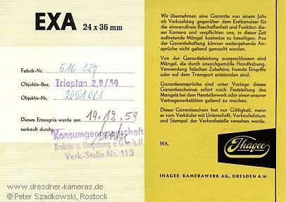 Garantieschein zur Exa #516127 von 1959