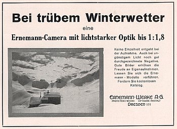 Werbeanzeige Ernemann-Kamera mit Optik bis 1:1,8 (1926)