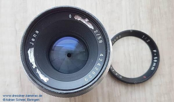 C.Z. Jena 1:2 F=58mm Nr. 63473, Namensvariante des Biotar 2/58, unter dem �neuen� Aufschraubring befindet sich ein weiterer Ring mit der ursp�nglichen Seriennummer 4242829 und der weggeschliffenen Biotar- bzw. Carl Zeiss-Gravur