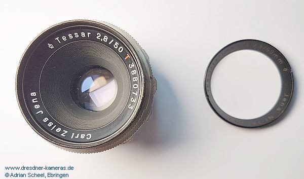 TES-Interimar 1:2,8/50mm Nr. 380503, Namensvariante des Tessar 2,8/50, unter dem �TES-Interimar� Aufschraubring befindet sich ein weiterer Ring mit der ursp�nglichen Seriennummer 3880733 und der unver�nderten Tessar- bzw. Carl Zeiss Jena-Gravur
