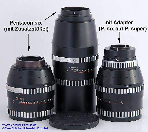 Carl Zeiss Jena Sonnar 2,8/180 (links) und Sonnar 4/300 (Mitte) mit Pentacon-six-Anschluss (mit Zusatzst��el) sowie Sonnar 2,8/180 (rechts) mit Adapter Pentacon six auf Pentacon super
