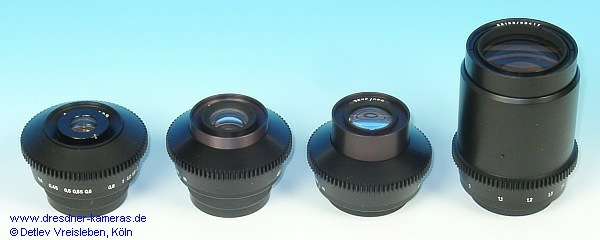 Die bei Carl Zeiss Jena gefertigten Sonderobjektive SO-3.1 (Flektogontyp 2,8/35), SO-3.2 (Biotartyp 2,8/50), SO-3.3 (Tessartyp 3,5/75), SO-3.4 (Sonnartyp 3,5/135). Die bei Carl Zeiss Jena gefertigten Sonderobjektive SO-3.1 (Flektogontyp 2,8/35), SO-3.2 (Biotartyp 2,8/50), SO-3.3 (Tessartyp 3,5/75), SO-3.4 (Sonnartyp 3,5/135).