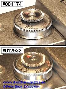 oben: Umschaltknopf ohne Befestigungsschraube; unten: Umschalter mit Befestigungsschraube