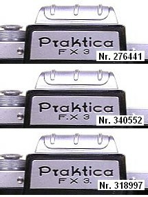 Exportmodell Praktica FX 3 - unterschiedliche Gravuren der Modellbezeichnung: FX�3, F.X�3 und seltener FX�3.