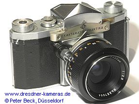 Praktica FX2-Geh�use (#207999) mit fest verschraubten Exakta-Prisma, einem Exakta-Bajonettring sowie einem Namensschild �EXAKTAMATIKAPRAKTIKA� und zus�tzlichem Logo �ECP�, Optik Lentar 1:2,8/35mm.