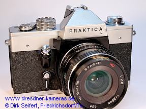 Praktica L - Umbau mit diversen sp�ten Bedienelementen der 4. L-Generation. Ungew�hnlich sind hier das f�r die L nicht �bliche Vorlaufwerk und die Messtaste